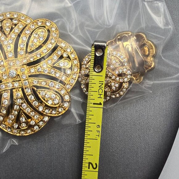 VTG Gold-Tone Floral Brooch & Clip-On Earrings Set w/ Clear Rhinestones Lot of 2 - Picture 8 of 8